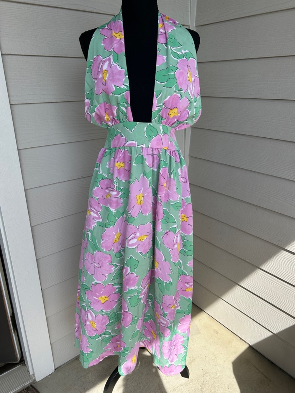 SUNDAY UP lavender, yellow, and green floral halter dress. Size Small.
